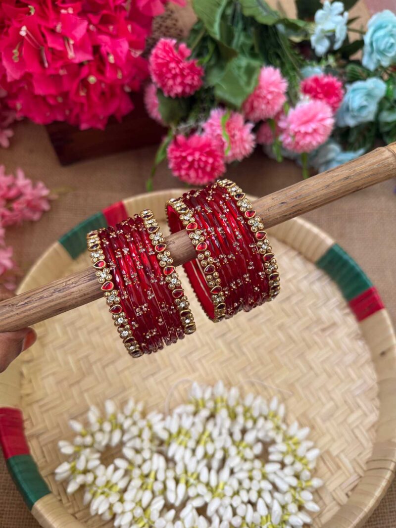 Red Drop & Gold Silk Thread Glass Bangles Combo - BC445