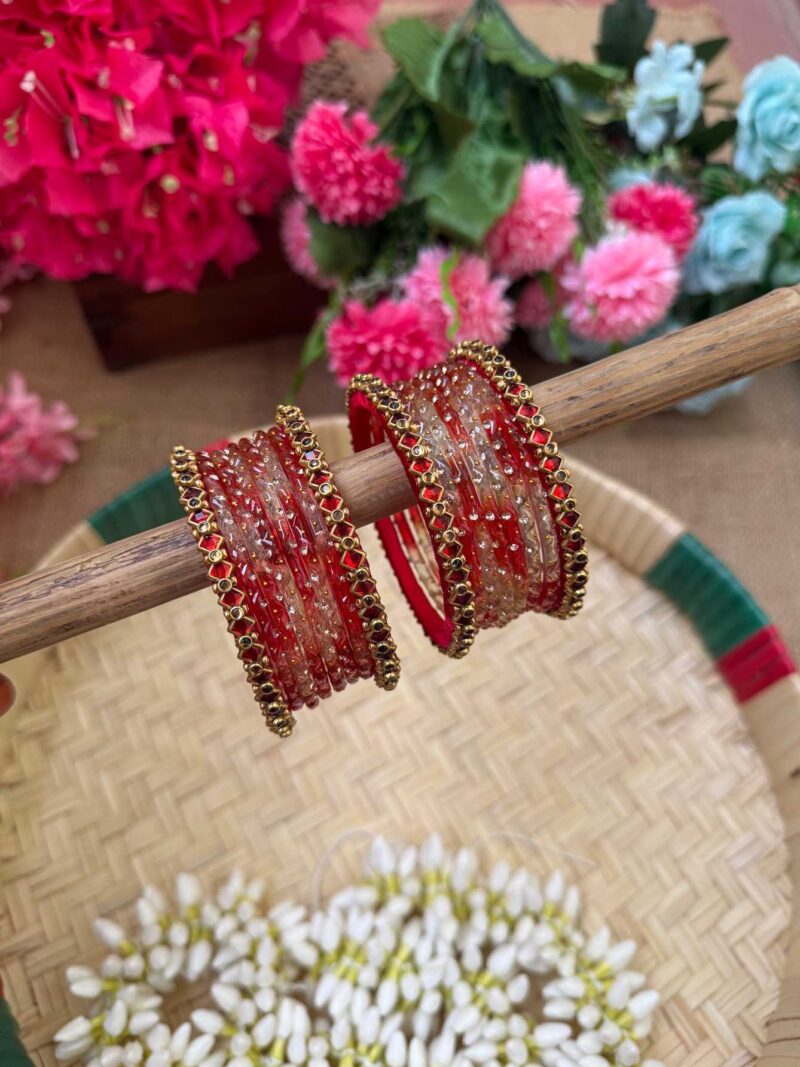 Red Dice Silk Thread Glass Bangles Combo - BC447