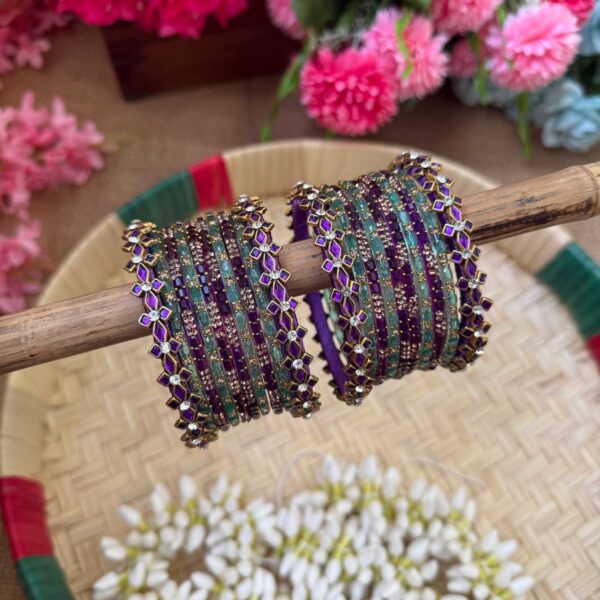 Diamond Aqua Blue & Purple Silk Thread Glass Bangles Combo - BC455
