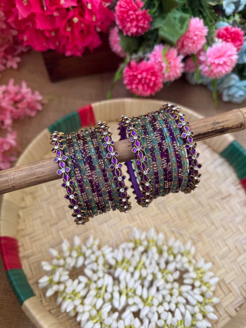Diamond Aqua Blue & Purple Silk Thread Glass Bangles Combo - BC455