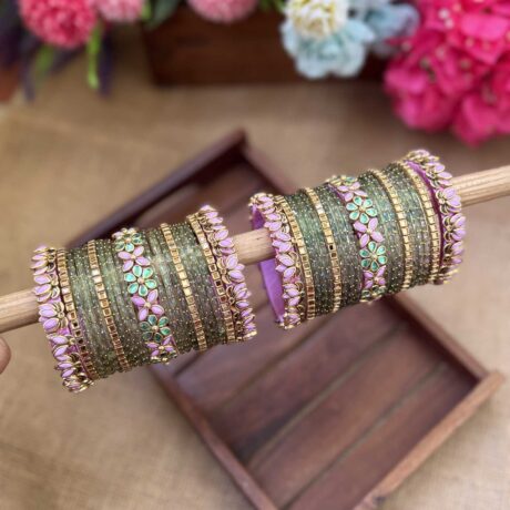 3D-Lotus Lavender & Mint Green Silk Thread Glass Bangles Combo- BC414
