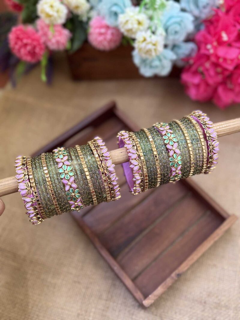 3D-Lotus Lavender & Mint Green Silk Thread Glass Bangles Combo- BC414