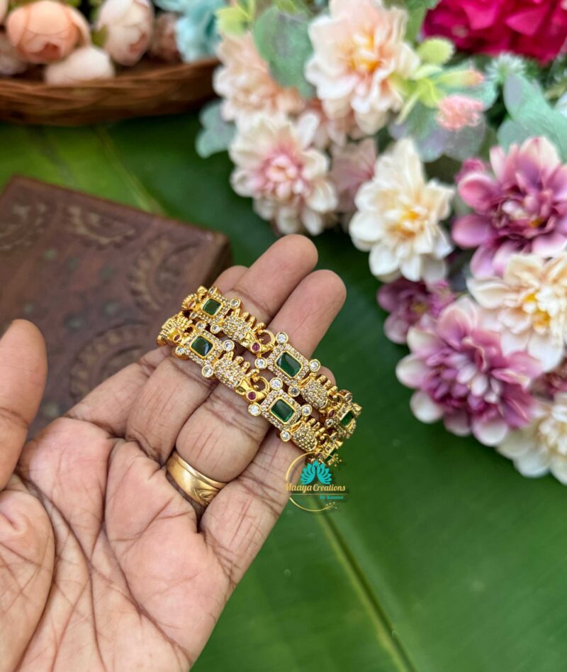 Gold Look like Green AD Stone Bangle Set - PGB1 - Image 3