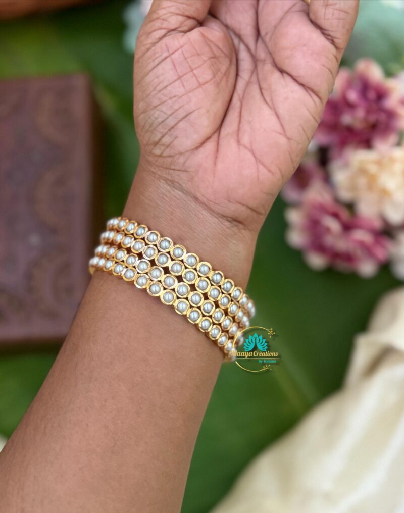 Gold Look like White Pearl Stone Bangle Set - PGB8 - Image 2