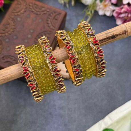 Lotus Red bangles with Olive Green Glass Bangles - BC527