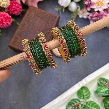 Lotus Red bangles with Dark Green Glass Bangles - BC531