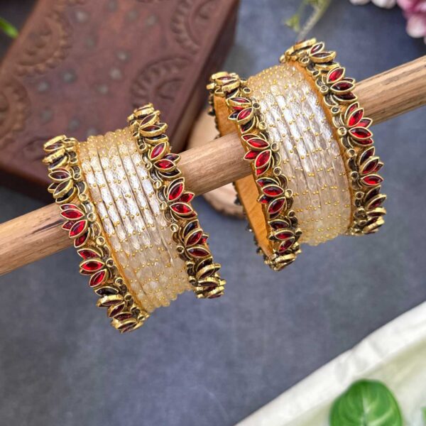 Lotus Red bangles with Off White Glass Bangles - BC532