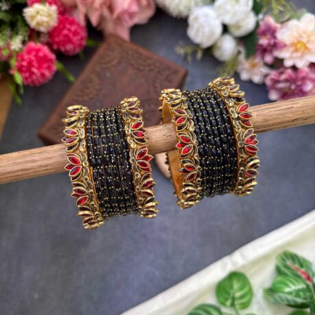 Lotus Red bangles with Black Glass Bangles - BC533