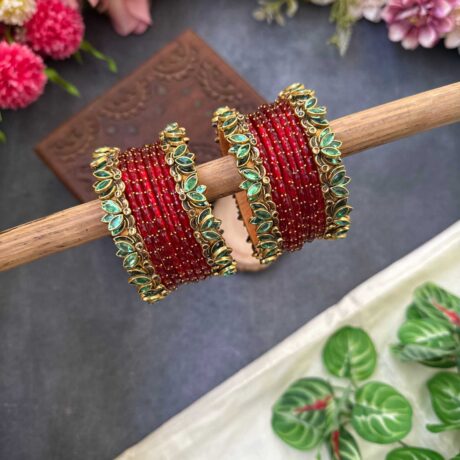 Lotus Pastel Green bangles with Red Glass Bangles - BC479