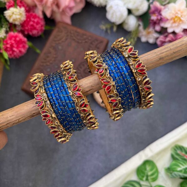 Lotus Red bangles with Shimmer Blue Glass Bangles -BC534