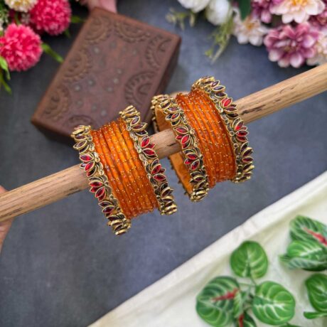 Lotus Red bangles with Orange Glass Bangles - BC535