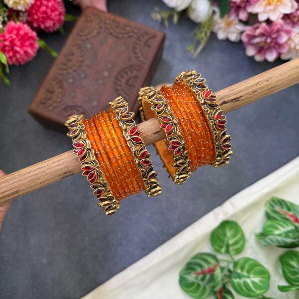 Lotus Red bangles with Orange Glass Bangles - BC535