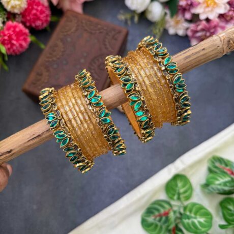 Lotus Teal Green bangles with Gold Glass Bangles - BC537