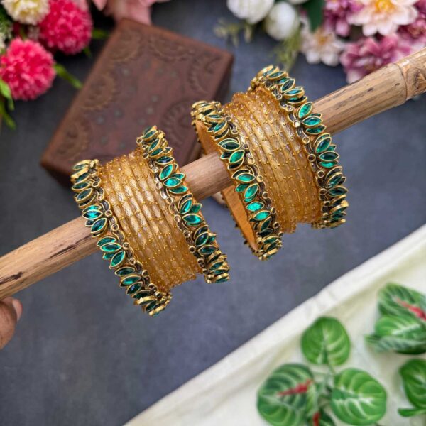 Lotus Teal Green bangles with Gold Glass Bangles - BC537