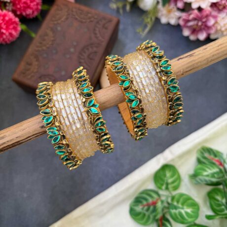 Lotus Teal Green bangles with Off White Glass Bangles - BC538