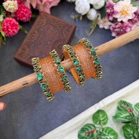 Lotus Teal Green bangles with Peach Glass Bangles - BC541