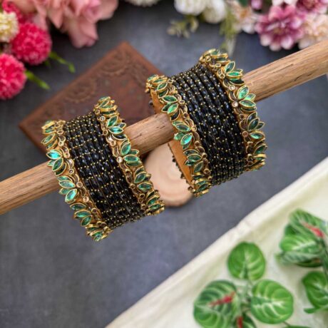 Lotus Pastel Green bangles with Black Glass Bangles - BC482