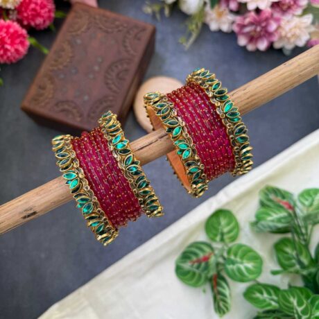 Lotus Teal Green bangles with Rani Pink Glass Bangles - BC542