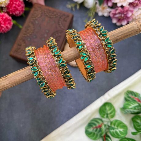Lotus Teal Green bangles with Baby Pink Glass Bangles - BC544