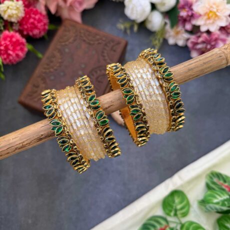 Lotus Dark Green bangles with Off White Glass Bangles - BC545