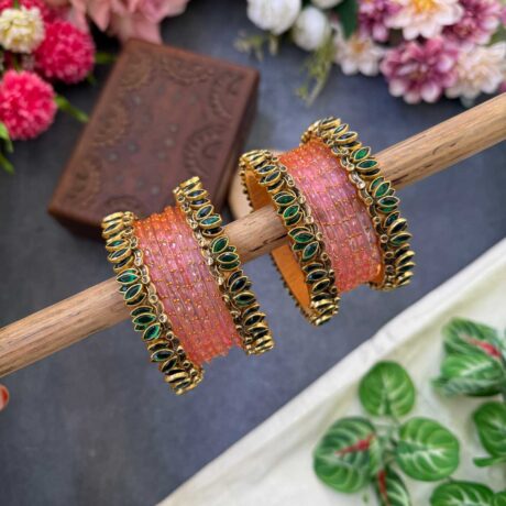 Lotus Dark Green bangles with Baby Pink Glass Bangles - BC548