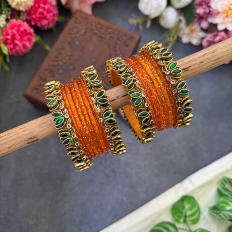 Lotus Dark Green bangles with Orange Glass Bangles - BC557