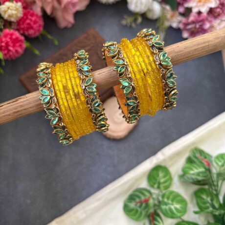 Lotus Pastel Green bangles with Yellow Glass Bangles - BC481