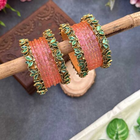 Lotus Pastel Green bangles with Baby Pink Glass Bangles - BC486