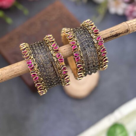 Lotus Pink bangles with Grey Glass Bangles - BC487