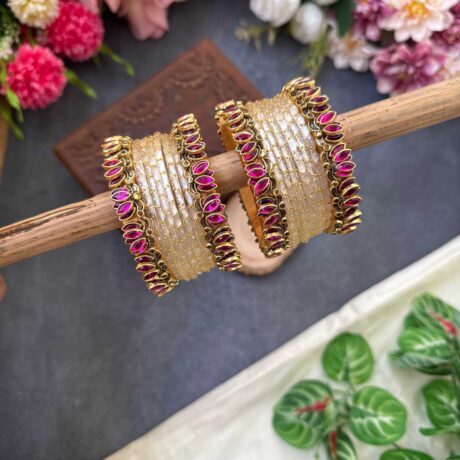 Lotus Pink bangles with Off White Glass Bangles - BC488