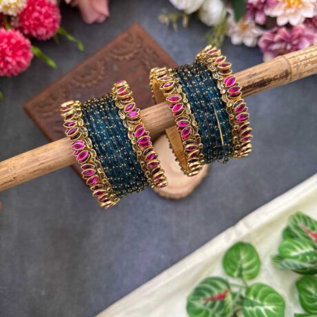 Lotus Pink bangles with Peacock Blue Glass Bangles - BC489
