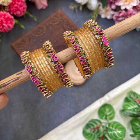 Lotus Pink bangles with Gold Glass Bangles - BC490