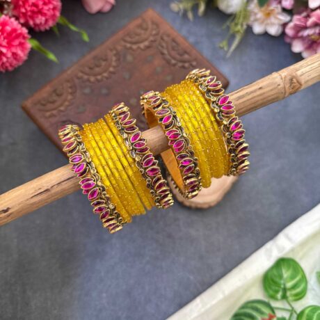 Lotus Pink bangles with Yellow Glass Bangles - BC501