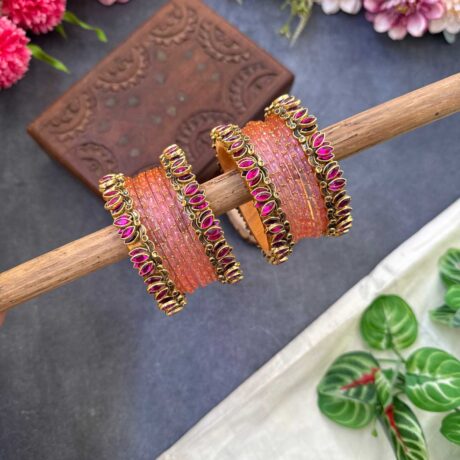 Lotus Pink bangles with Baby Pink Glass Bangles - BC502