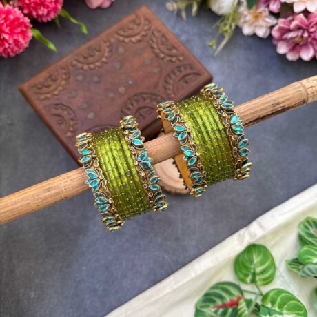 Lotus Sky Blue bangles with Parrot Green Glass Bangles - BC503