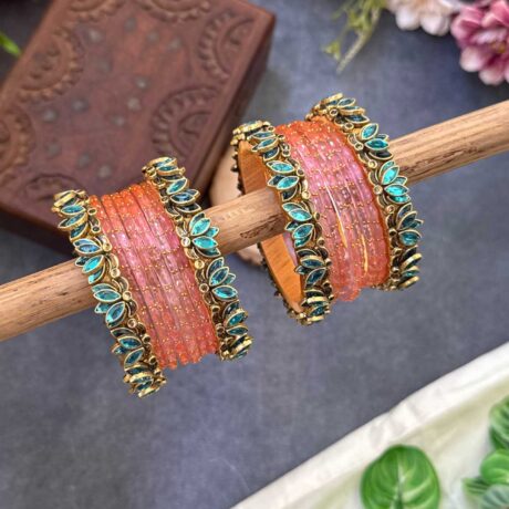 Lotus Sky Blue bangles with Baby Pink Glass Bangles - BC505