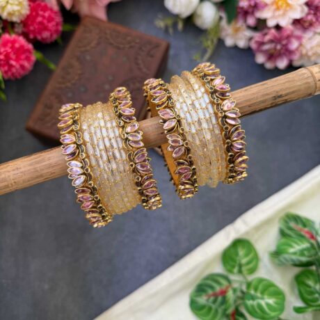 Lotus Baby Pink bangles with Off White Glass Bangles - BC516