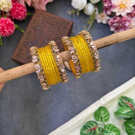 Lotus Baby Pink bangles with Yellow Glass Bangles - BC518