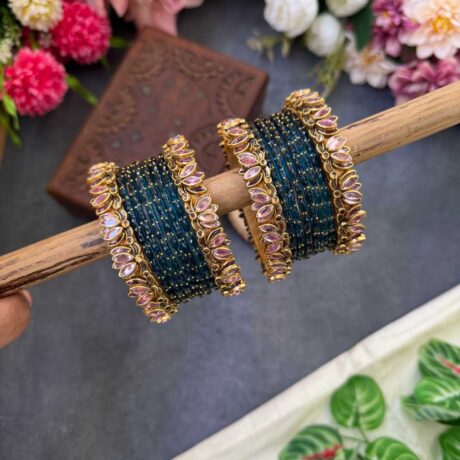 Lotus Baby Pink bangles with Peacock Blue Glass Bangles - BC519