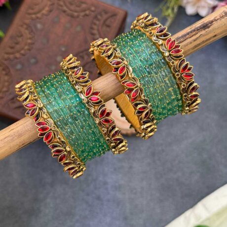 Lotus Red bangles with Pastel Green Glass Bangles - BC525