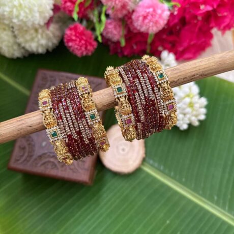 Diamond Look Like Premium Lakshmi Border Bangles With Maroon Designer Glass Bangles - BC570