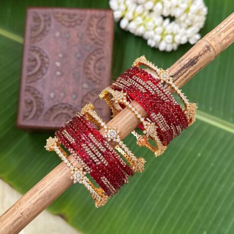 Diamond Look Like Premium Border Bangles With Red Designer Glass Bangles - BC571