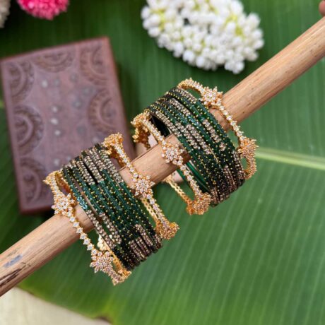 Diamond Look Like Premium Border Bangles With Dark Green Designer Glass Bangles - BC569