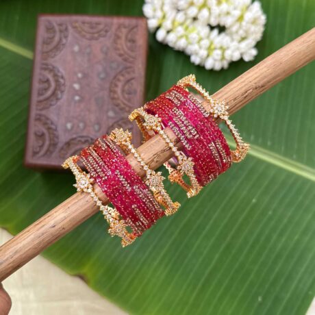 Diamond Look Like Premium Border Bangles With Rani Pink Designer Glass Bangles - BC567