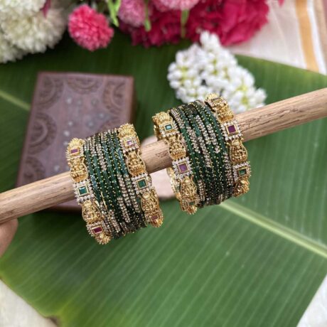 Diamond Look Like Premium Lakshmi Border Bangles With Dark Green Designer Glass Bangles - BC574
