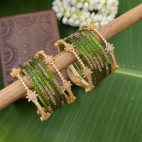 Diamond Look Like Premium Border Bangles With Parrot Green Designer Glass Bangles - BC572
