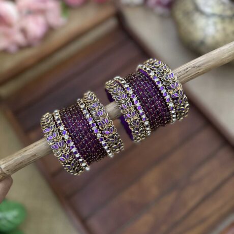 3D - Centre Purple Lotus Silk Thread Glass Bangles Combo - BC575