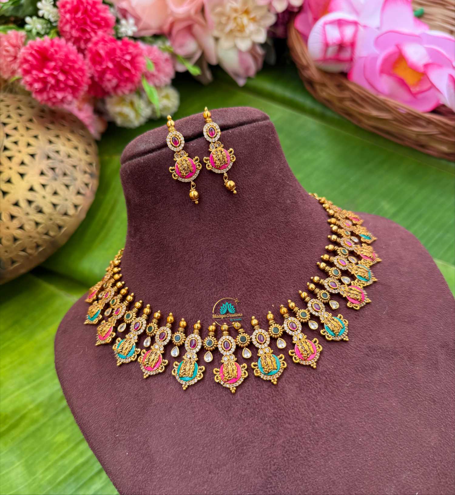 Taruni - Antique Gold Handpainted Ram Pariwar Necklace - TS07