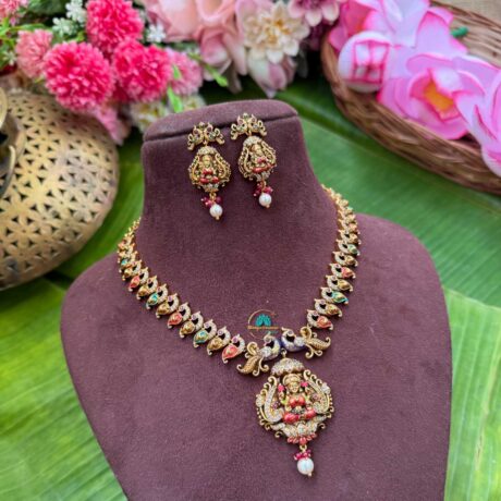 Taruni - Lakshmi With Peacock Antique Gold Handpainted Nakshi Necklace - TS08