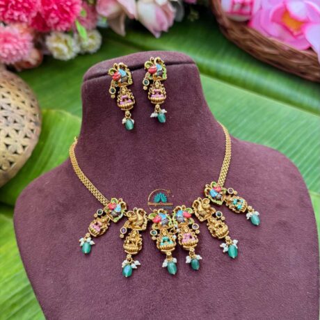Taruni - Lakshmi With Peacock Antique Gold Handpainted Simple Necklace - TS09
